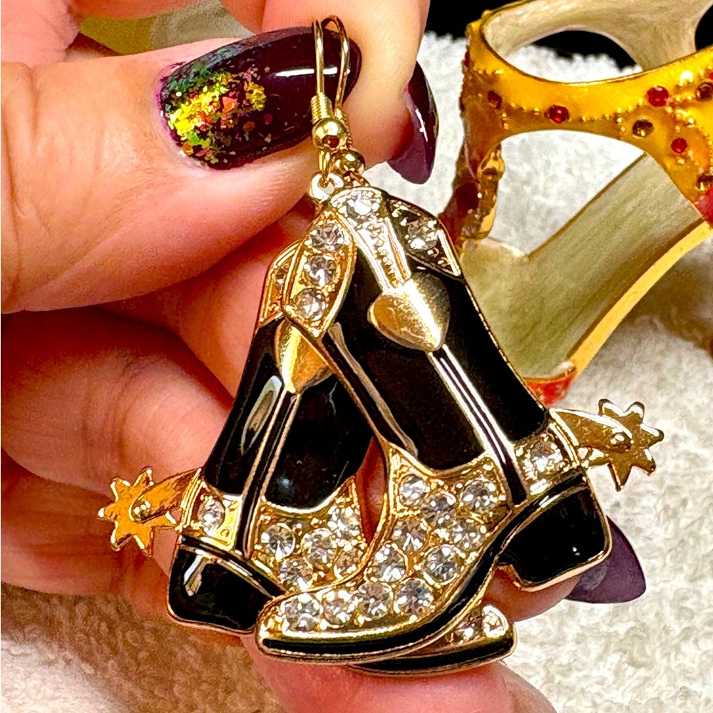 Blinged cowgirl boot and rhinestone earrings -metal
